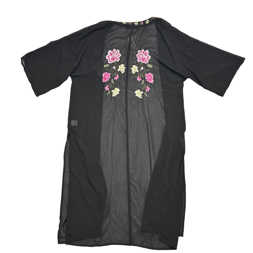 Blue Rain Francescas Black Sheer Floral Embroidered Kimono Duster Medium NWT